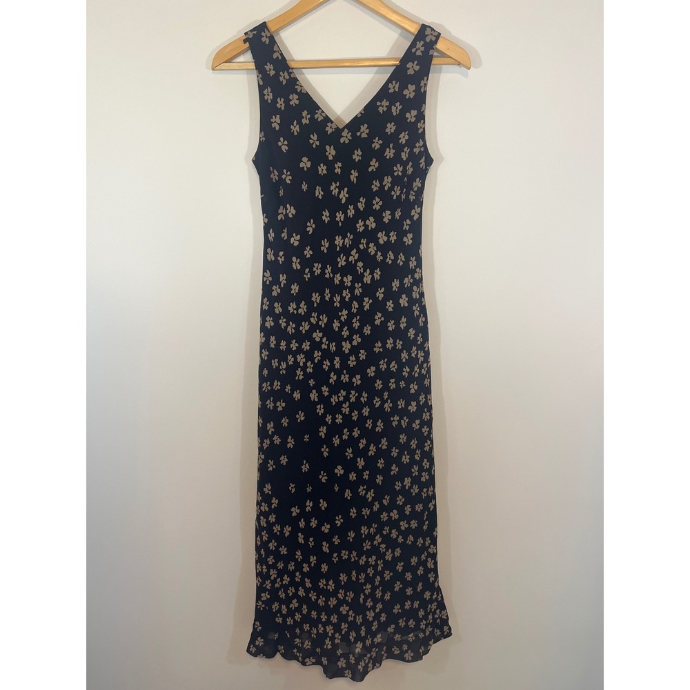 Vintage Ann Taylor 100% Silk Midi Dress Sleeveless Black Gold Size 4